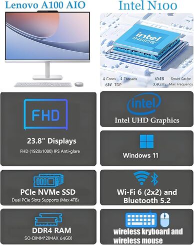 Lenovo IdeaCentre Everyday Tasks 24" Full HD All-in-One Desktop Computer • Intel 4-Cores • 512GB Portable HDD and 256GB PCIe • 8GB RAM • HDMI • Business AIO • Wireless Keyboard & Mouse • Windows 11 in Saudi Arabia