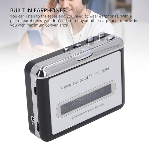 مشغل كاسيت محمول، محول كاسيت USB إلى MP3 مع سماعة رأس، محول مشغل شريط كاسيت محمول لالتقاط الموسيقى إلى قرص مضغوط، in Kuwait