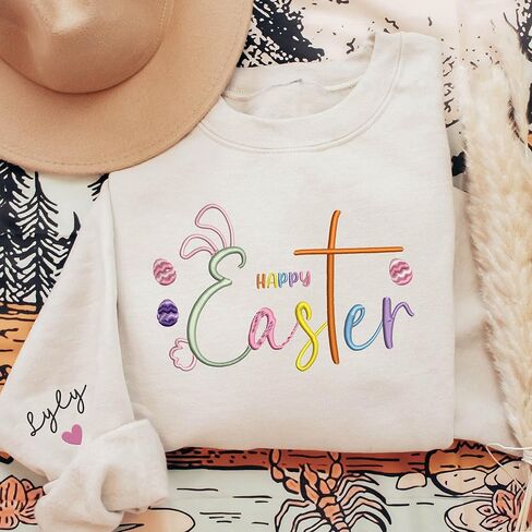 Personalized Happy Easter Embroidered Sweatshirt, Easter Sweatshirt For Women, Easter Shirts For Women, Easter Womens Shirt, Bunny Sweatshirts, Gift For Easter Day in Saudi Arabia