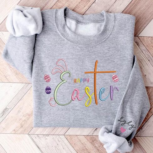 Personalized Happy Easter Embroidered Sweatshirt, Easter Sweatshirt For Women, Easter Shirts For Women, Easter Womens Shirt, Bunny Sweatshirts, Gift For Easter Day in Saudi Arabia