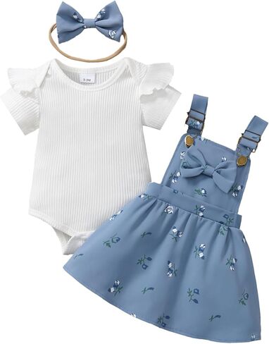 Baby Girl Summer Outfit Ribbed Bodysuit Floral Suspender Dress Set | Suspender Dress with Ruffle Bodysuit and Bow Headband, 3 Piece Set for Birthday Party, Photoshoot and Holiday in Saudi Arabia