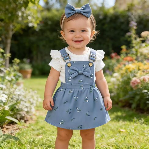 Baby Girl Summer Outfit Ribbed Bodysuit Floral Suspender Dress Set | Suspender Dress with Ruffle Bodysuit and Bow Headband, 3 Piece Set for Birthday Party, Photoshoot and Holiday in Saudi Arabia