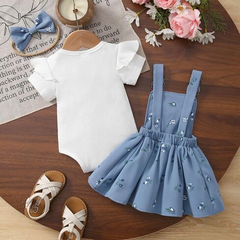Baby Girl Summer Outfit Ribbed Bodysuit Floral Suspender Dress Set | Suspender Dress with Ruffle Bodysuit and Bow Headband, 3 Piece Set for Birthday Party, Photoshoot and Holiday in Saudi Arabia