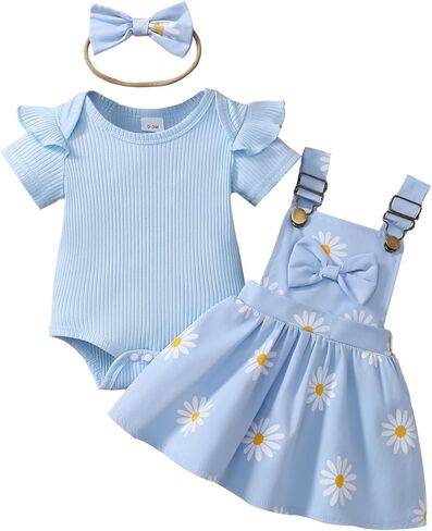 Newborn Baby Girl Summer Overall Dress Infantl Short Sleeves Ribbed Romper Bow Skirt Set 3Pcs Outfits in Saudi Arabia