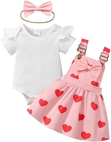 Baby Girl Summer Outfit Ribbed Bodysuit Floral Suspender Dress Set | Suspender Dress with Ruffle Bodysuit and Bow Headband, 3 Piece Set for Birthday Party, Photoshoot and Holiday in Saudi Arabia