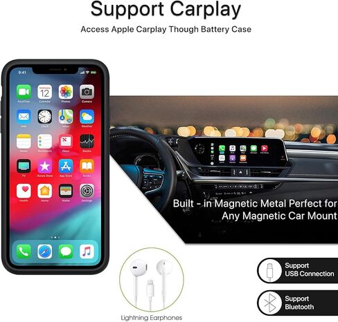 شاحن ممتد وقابل لإعادة الشحن بسعة 10000 مللي أمبير في الساعة لجهاز iPhone 11 Pro Max (6.5 بوصة) - متوافق مع iPhone 11 Pro Max - علبة الشحن وCarplay (أسود) in Kuwait
