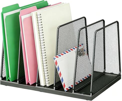 AUPSEN Vertical File Organizer for Desk, 5-Section Wooden Desktop File Folder Holder Sorter Storage Rack Stand, Paper Desk Organizer, Workspace Organizers for Office Supplies, Black in Saudi Arabia