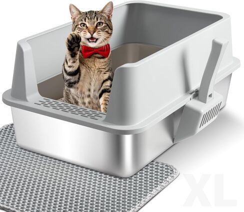 صندوق فضلات القطط، صندوق فضلات من الفولاذ المقاوم للصدأ TOKXTIK، صندوق فضلات معدني طويل القامة مقاس XL، صندوق فضلات كبير مع جدار جانبي مرتفع، غير لاصق، سهل التنظيف، مضاد للتسرب، عديم الرائحة، يتضمن حصيرة فضلات، مغرفة (عبوة واحدة) in Kuwait