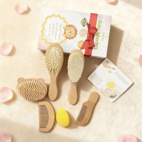 6 Piece Baby Hair Brush & Comb Set, Natural Bamboo & Goat Bristle for Cradle Cap Care, Newborn to Toddler Grooming Kit with Silicone Scrubbers for Scalp Massage in Kuwait
