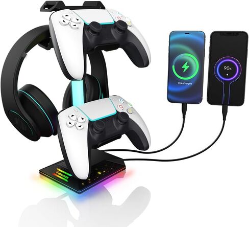 حامل سماعة رأس ووحدة تحكم للمكتب مع محور شحن - 2 منافذ USB + USB-C، حامل سماعة رأس للألعاب RGB مع 10 أوضاع ألوان، منظم مكتب لدعم سماعات الأذن، هدية ملحقات ألعاب الكمبيوتر in Saudi Arabia