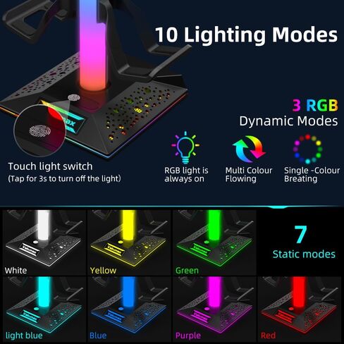 حامل سماعة رأس ووحدة تحكم للمكتب مع محور شحن - 2 منافذ USB + USB-C، حامل سماعة رأس للألعاب RGB مع 10 أوضاع ألوان، منظم مكتب لدعم سماعات الأذن، هدية ملحقات ألعاب الكمبيوتر in Saudi Arabia
