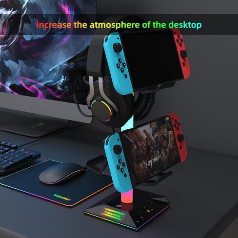 حامل سماعة رأس ووحدة تحكم للمكتب مع محور شحن - 2 منافذ USB + USB-C، حامل سماعة رأس للألعاب RGB مع 10 أوضاع ألوان، منظم مكتب لدعم سماعات الأذن، هدية ملحقات ألعاب الكمبيوتر in Saudi Arabia