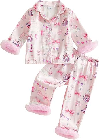 Toddlers Baby Girl Birthday Pajamas Satin Silk Pjs Button Down Long Sleeve Sleepwear Set Nightgowns, Pack of 2 in Saudi Arabia