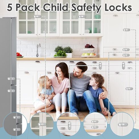 5 Pack Child Proof Refrigerator Lock, Baby Proofing Cabinet Locks, Oven Lock Child Safety. Adhesive Fridge Locks for Kids, Dishwasher, Cupboard, Closet Doors - No Drilling or Tools (Grey) in Saudi Arabia