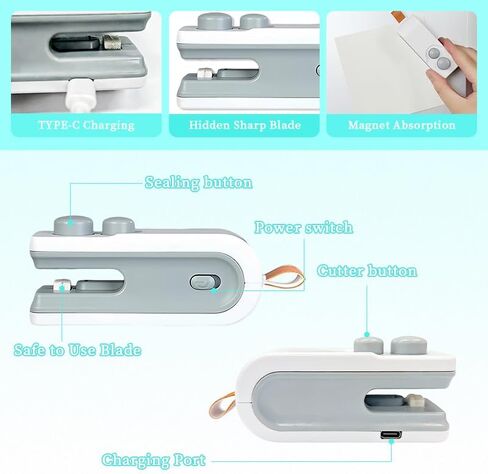 عبوتان من سدادة الأكياس الصغيرة، جهاز ختم وقاطع الحرارة 2 في 1، آلة ختم الحرارة لأكياس USB C القابلة لإعادة الشحن مع مغناطيس، آلة إعادة ختم محمولة للأكياس البلاستيكية (أبيض + أزرق) in Kuwait