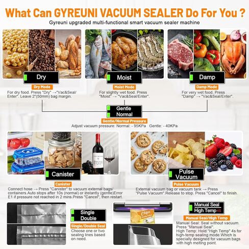 ماكينة غلق أكياس الطعام بقوة 95 كيلو باسكال، ماكينة تفريغ الهواء لحفظ الطعام 12 في 1 مع ختم مزدوج للحرارة، قاطع مدمج، خرطوم الملحقات، تخزين الحقائب، 10 أكياس، 1 لفة حقيبة وقلم تحديد، التحكم في التطبيق in Kuwait