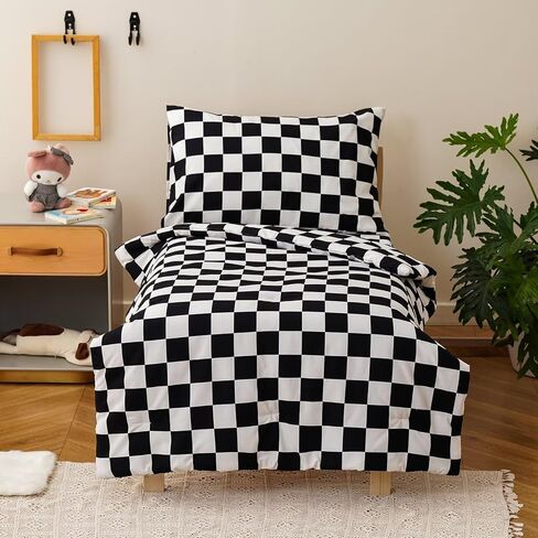 CLOTHKNOW 4 Pieces Plaid Toddler Bedding Sets for Boys Grils, Black White Grid Pattern, Soft Crib Bed Set Including Comforter, Flat Sheet, Fitted Sheet and Pillowcase, Black White in Saudi Arabia