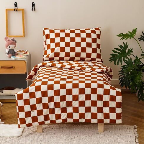 CLOTHKNOW 4 Pieces Plaid Toddler Bedding Sets for Boys Grils, Black White Grid Pattern, Soft Crib Bed Set Including Comforter, Flat Sheet, Fitted Sheet and Pillowcase, Black White in Saudi Arabia