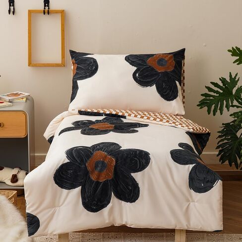 CLOTHKNOW 4 Pieces Plaid Toddler Bedding Sets for Boys Grils, Black White Grid Pattern, Soft Crib Bed Set Including Comforter, Flat Sheet, Fitted Sheet and Pillowcase, Black White in Saudi Arabia