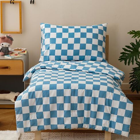 CLOTHKNOW 4 Pieces Plaid Toddler Bedding Sets for Boys Grils, Black White Grid Pattern, Soft Crib Bed Set Including Comforter, Flat Sheet, Fitted Sheet and Pillowcase, Black White in Saudi Arabia