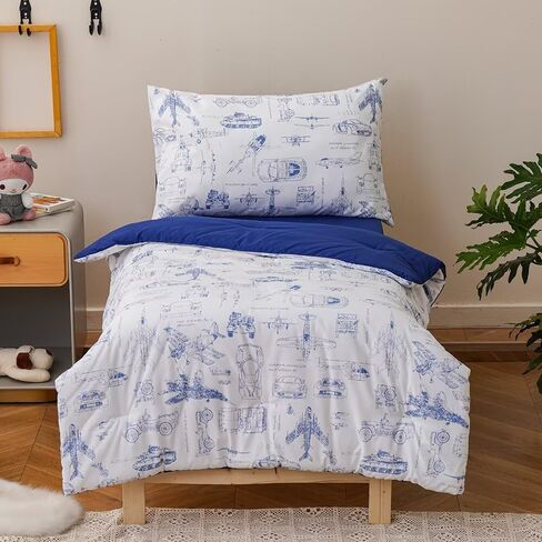 CLOTHKNOW 4 Pieces Plaid Toddler Bedding Sets for Boys Grils, Black White Grid Pattern, Soft Crib Bed Set Including Comforter, Flat Sheet, Fitted Sheet and Pillowcase, Black White in Saudi Arabia