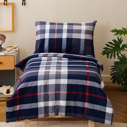 CLOTHKNOW 4 Pieces Plaid Toddler Bedding Sets for Boys Grils, Black White Grid Pattern, Soft Crib Bed Set Including Comforter, Flat Sheet, Fitted Sheet and Pillowcase, Black White in Saudi Arabia