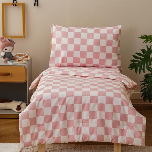 CLOTHKNOW 4 Pieces Plaid Toddler Bedding Sets for Boys Grils, Black White Grid Pattern, Soft Crib Bed Set Including Comforter, Flat Sheet, Fitted Sheet and Pillowcase, Black White in Saudi Arabia