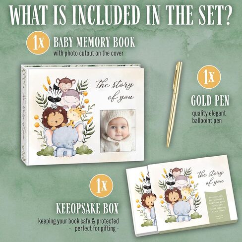 Baby Memory Book – “The Story of You" Keepsake Journal with Photo Slot, Zoo Animal Design, Gold Pen, Lay Flat Binding, Gift Box – 110 Full-Color Pages, 9x11.5 Inches in Saudi Arabia