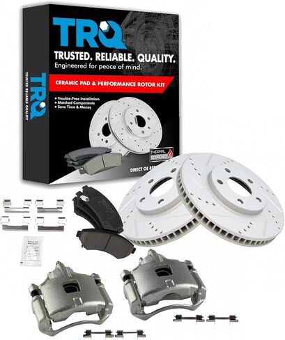 TRQ Front Performance Brake Pad & Rotor Kit Brake Caliper Brake Pads Brake Rotors Set Ceramic Premium G-Coated Compatible with 2007-2012 Mazda CX-7 in Saudi Arabia