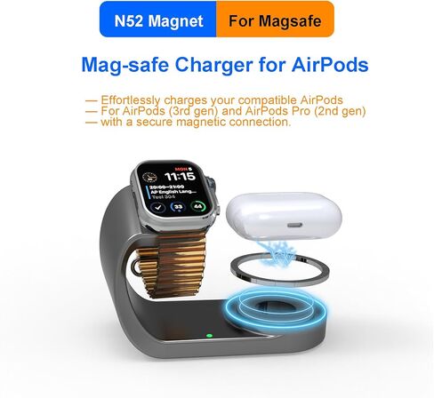 لشاحن ساعة Apple، قاعدة شحن مغناطيسية سريعة متوافقة مع iWatch Series Ultra/SE/10/9/8/7/6/5، لحامل حامل شاحن Apple Watch Airpod، كابل الشحن (رمادي) in Saudi Arabia