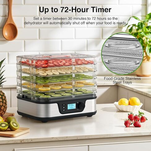 Food Dehydrator, Silver | 5 Stainless Steel and BPA-free trays, Adjustable Temperature, 72H Timer, Dehydrator for Meats, Jerky, Fruits, Veggies and Pet Treats in Saudi Arabia