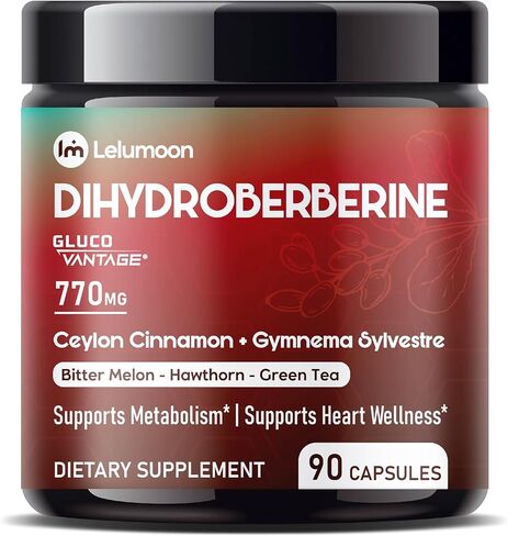 Dihydroberberine 770mg -Patented GlucoVantage - Super Berberine - High Potency with Bitter Melon Hawthorn Green Tea - Support Gut Health, Metabolism - Made & Tested in The USA in Saudi Arabia