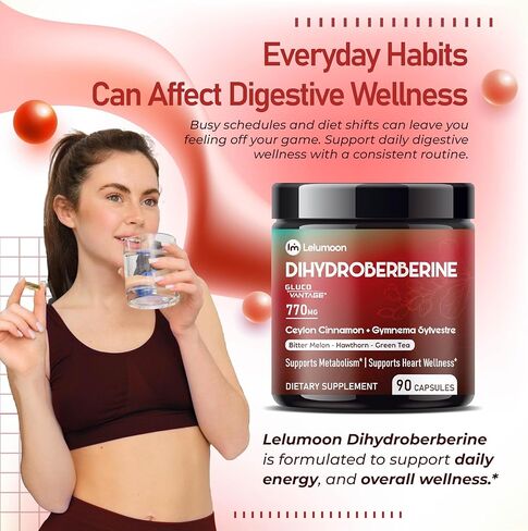 Dihydroberberine 770mg -Patented GlucoVantage - Super Berberine - High Potency with Bitter Melon Hawthorn Green Tea - Support Gut Health, Metabolism - Made & Tested in The USA in Saudi Arabia