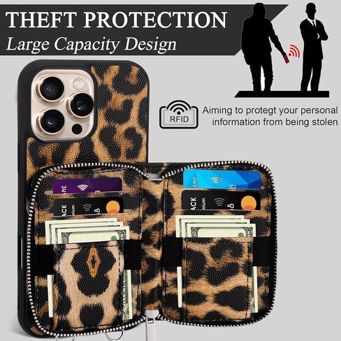 XANGNIER Wallet Case for iPhone 16 Pro Max, RFID Blocking PU Leather Crossbody Phone Purse with Card Holder, Zipper Pocket, Wrist Strap & Adjustable Lanyard for Women 6.9" 5G,Leopard Print in Saudi Arabia