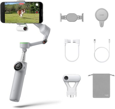 Insta360 Flow 2 Pro Creator Bundle Gray - AI Phone Phone Gimbal ، Apple Dockkit ، تتبع مقلاة 360 درجة ، وضع الإمالة المجاني ، عصا ثلاثي القوائم/صورة شخصية ، مدونة مدونة/سفر محمولة ، دائرة الضوء ، Magsafe in Kuwait