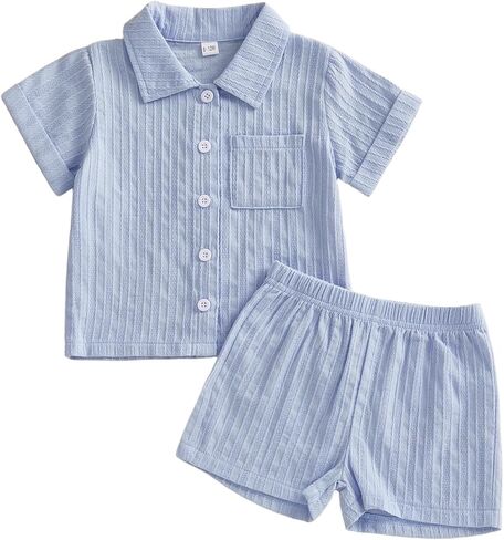 Baby Boys Clothes Set 2Pcs Toddler Infant Button-down Shirt Tops Jacquard Shorts Cotton Solid Summer Outfit With Pockets in Kuwait