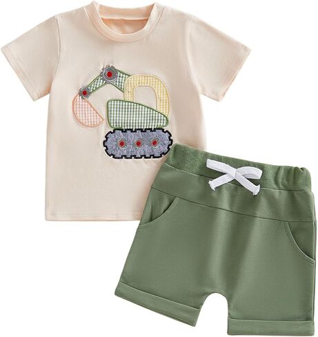 FOCUSNORM Toddler Baby Boy Summer Clothes Excavator Embroidery Short Sleeve T-Shirt Elastic Waist Shorts Set 2 Piece Outfit in Saudi Arabia