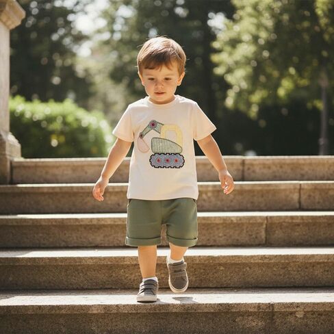 FOCUSNORM Toddler Baby Boy Summer Clothes Excavator Embroidery Short Sleeve T-Shirt Elastic Waist Shorts Set 2 Piece Outfit in Saudi Arabia