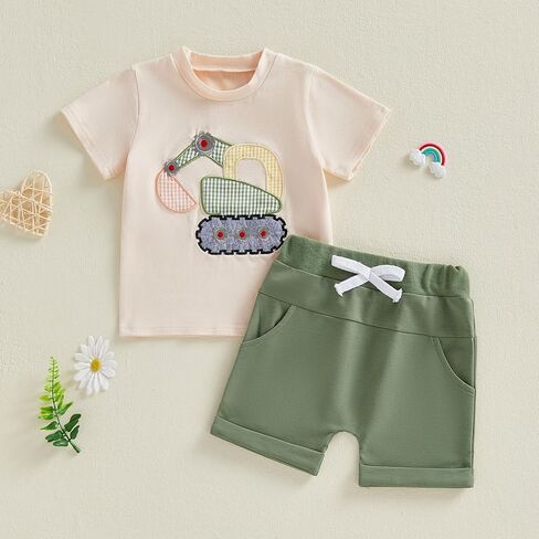 FOCUSNORM Toddler Baby Boy Summer Clothes Excavator Embroidery Short Sleeve T-Shirt Elastic Waist Shorts Set 2 Piece Outfit in Saudi Arabia
