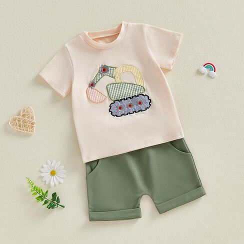 FOCUSNORM Toddler Baby Boy Summer Clothes Excavator Embroidery Short Sleeve T-Shirt Elastic Waist Shorts Set 2 Piece Outfit in Saudi Arabia