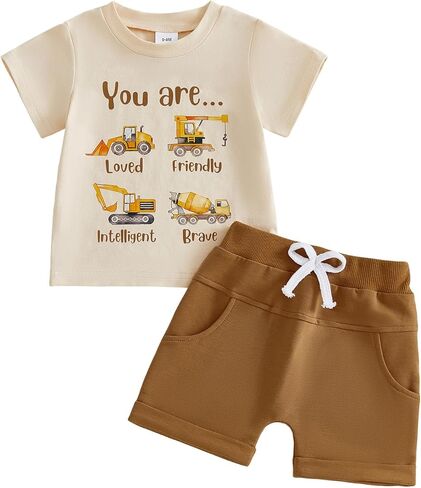 FOCUSNORM Toddler Baby Boy Summer Clothes Excavator Embroidery Short Sleeve T-Shirt Elastic Waist Shorts Set 2 Piece Outfit in Saudi Arabia