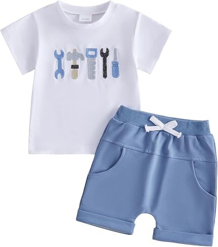 FOCUSNORM Toddler Baby Boy Summer Clothes Excavator Embroidery Short Sleeve T-Shirt Elastic Waist Shorts Set 2 Piece Outfit in Saudi Arabia