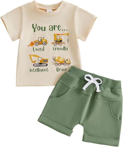 FOCUSNORM Toddler Baby Boy Summer Clothes Excavator Embroidery Short Sleeve T-Shirt Elastic Waist Shorts Set 2 Piece Outfit in Saudi Arabia