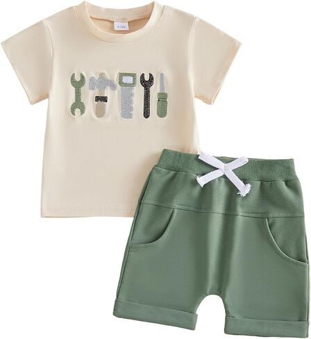 FOCUSNORM Toddler Baby Boy Summer Clothes Excavator Embroidery Short Sleeve T-Shirt Elastic Waist Shorts Set 2 Piece Outfit in Saudi Arabia
