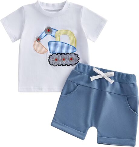 FOCUSNORM Toddler Baby Boy Summer Clothes Excavator Embroidery Short Sleeve T-Shirt Elastic Waist Shorts Set 2 Piece Outfit in Saudi Arabia