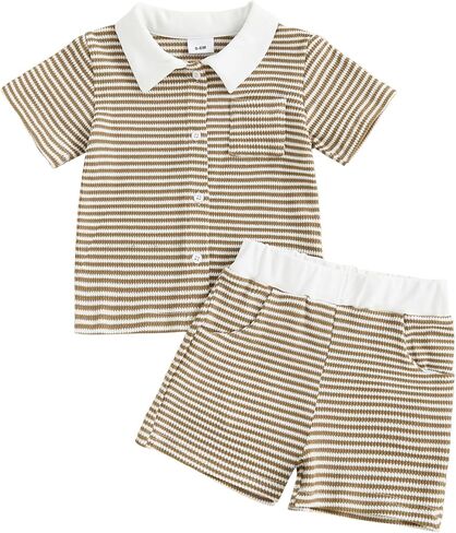fhutpw Baby Toddler Boy Summer Clothes Striped Button Down Shirt Outfits | Beach Vacation Shirt, Infant Striped Tops, 2Pcs Boys Set, Short-Sleeved Suit, 6 12 18 Months, 2T, 3T, 4T, 5T in Saudi Arabia