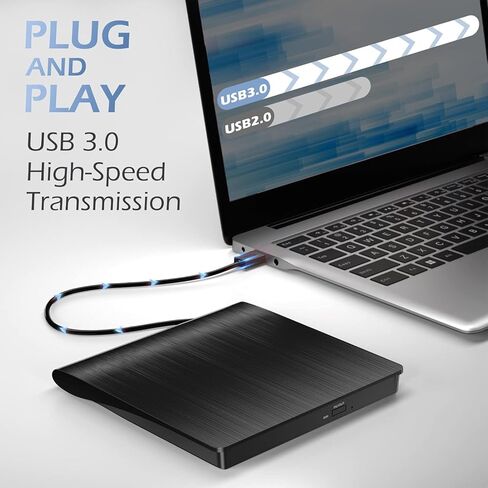 محرك أقراص CD/DVD خارجي للكمبيوتر المحمول، مشغل USB 3.0 CD DVD محمول +/-RW ناسخ أقراص مضغوطة وقارئ أقراص ناسخة للقرص متوافق مع أجهزة الكمبيوتر المحمول المكتبية وأجهزة الكمبيوتر المكتبية Windows Apple Mac Pro MacBook Linux in Saudi Arabia