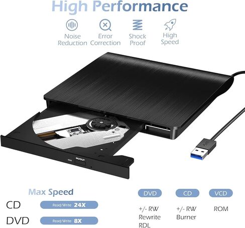 محرك أقراص CD/DVD خارجي للكمبيوتر المحمول، مشغل USB 3.0 CD DVD محمول +/-RW ناسخ أقراص مضغوطة وقارئ أقراص ناسخة للقرص متوافق مع أجهزة الكمبيوتر المحمول المكتبية وأجهزة الكمبيوتر المكتبية Windows Apple Mac Pro MacBook Linux in Saudi Arabia