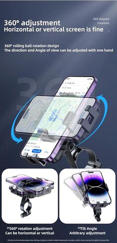 حامل هاتف للدراجة، مشبك للهاتف الخلوي بمقود الدراجة النارية، مشبك هاتف سكوتر لهاتف iPhone 16 15 Pro Max/Plus، 14 Pro Max، S9، S10 والمزيد من الهواتف الذكية 4.7 بوصة إلى 7.2 بوصة، حامل هاتف بمقود قابل للدوران 360 درجة in Saudi Arabia