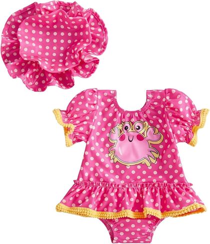 Baby Girl Swimsuit Crab Dot Puff Sleeve Ruffle Rash Guard Swimwear Romper Dress Toddler Infant Newborn Bathing Suit in Saudi Arabia